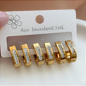 BRINCO KIT ARGOLAS FIO ACHATADO OVAL ZIRCÔNIAS DOURADO AÇO 316L⭐️