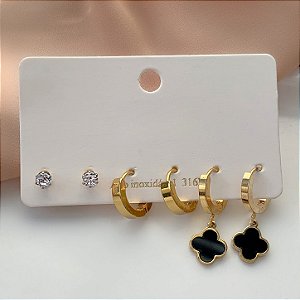BRINCO KIT ARGOLINHA, PONTO DE LUZ E TREVO ESMALTADO DOURADO AÇO 316L⭐️