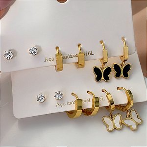 BRINCO KIT ARGOLINHA, PONTO DE LUZ E BORBOLETA ESMALTADO DOURADO AÇO 316L⭐️
