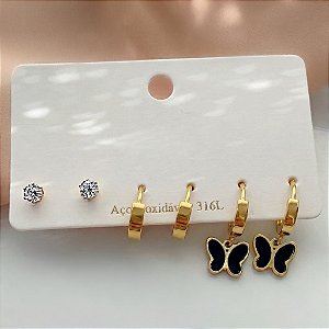 BRINCO KIT ARGOLINHA, PONTO DE LUZ E BORBOLETA ESMALTADO DOURADO AÇO 316L⭐️