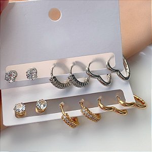 BRINCO KIT PONTO DE LUZ, ARGOLA CORAÇÃO E CRAVEJADA ZIRCÔNIAS BIJU