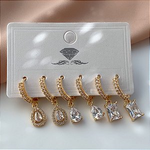 BRINCO KIT ARGOLINHAS CRAVEJADAS E PEDRAS ZIRCÔNIAS GOTAS DOURADO BIJU