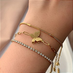 KIT 3 PULSEIRAS PINGENTE BORBOLETA JATEADA E RIVIERA DOURADO AÇO 316L⭐️