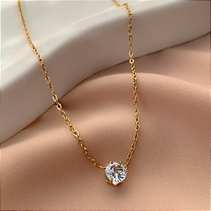 COLAR PEDRA REDONDA EM ZIRCÔNIA DOURADO AÇO 316L⭐️