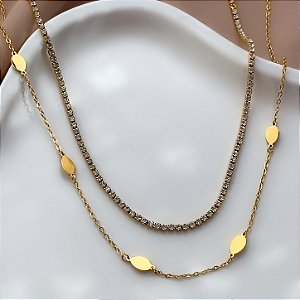 COLAR CORRENTE MINI RIVIERA E GOTAS LISOS DOURADO AÇO 316L⭐️