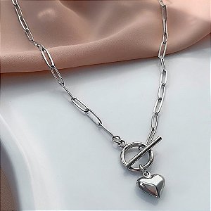 COLAR CARRENTE CARTIE FECHO BARRA E ARGOLA COM CORAÇÃO BOLEADO AÇO 316L⭐️