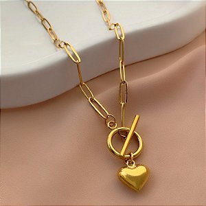 COLAR CARTIE FECHO BARRA E ARGOLA COM CORAÇÃO BOLEADO DOURADO AÇO 316L⭐️