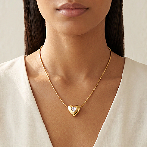 COLAR PINGENTE CORAÇÃO BOLEADO COM PEDRA DE ZIRCÔNIA DOURADO AÇO 316L⭐️