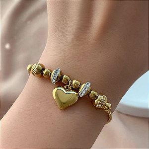 PULSEIRA ESTILO PANDORA CORAÇÃO BOLEADO E ZIRCÔNIA DOURADO AÇO 316L⭐️