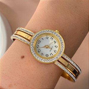 BRACELETE RELÓGIO INSPIRAÇÃO COM ZIRCÔNIAS DOURADO AÇO 316L⭐️