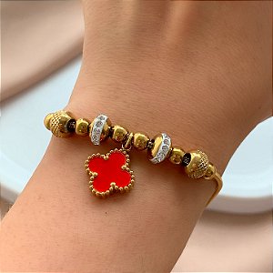 PULSEIRA ESTILO PANDORA TREVO RESINADO E ZIRCÔNIA DOURADO AÇO 316L⭐️