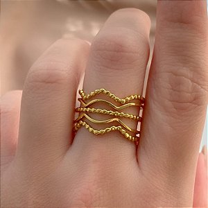 ANEL REGULÁVEL CURVAS PONTILHADAS DOURADO AÇO 316L⭐️