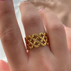ANEL REGULÁVEL TRAMA DE FLORES DOURADO AÇO 316L⭐️