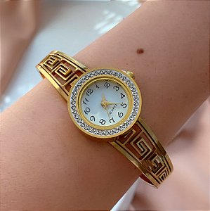BRACELETE RELÓGIO LABIRINTO ZIRCÔNIAS DOURADO AÇO 316L⭐️