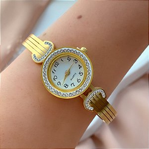 BRACELETE RELÓGIO FIVELA ZIRCÔNIAS DOURADO AÇO 316L⭐️