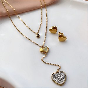 COLAR E BRINCO KIT CORAÇÃO PÊNDULO ZIRCÔNIAS DOURADO AÇO 316L⭐️