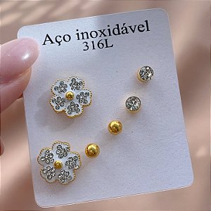 BRINCO KIT FLOR ZIRCÔNIA DOURADO AÇO 316L⭐️