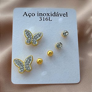 BRINCO KIT BORBOLETA ZIRCÔNIA DOURADO AÇO 316L⭐️