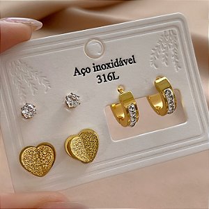 BRINCO KIT CORAÇÃO JATEADO, ZIRCÔNIA E ARGOLA DOURADO AÇO 316L⭐️