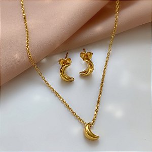 COLAR E BRINCO KIT LUA BOLEADA DOURADO AÇO 316L⭐️