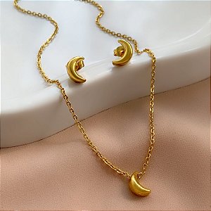 COLAR E BRINCO KIT LUA BOLEADA DOURADO AÇO 316L⭐️
