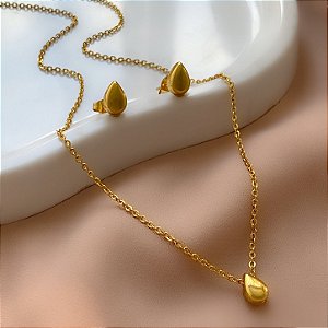 COLAR E BRINCO KIT GOTA BOLEADA DOURADO AÇO 316L⭐️