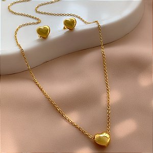 COLAR E BRINCO KIT CORAÇÃO BOLEADO DOURADO AÇO 316L⭐️