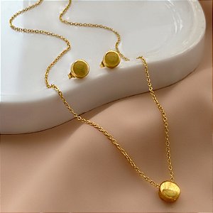 COLAR E BRINCO KIT REDONDO BOLEADO DOURADO AÇO 316L⭐️