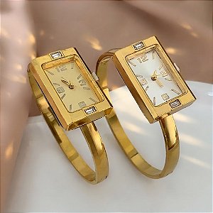 BRACELETE RELÓGIO RETANGULAR MINIMALISTA DOURADO AÇO 316L⭐️