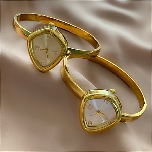 BRACELETE RELÓGIO RETANGULAR DOURADO AÇO 316L⭐️