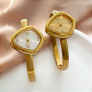BRACELETE RELÓGIO RETANGULAR DOURADO AÇO 316L⭐️