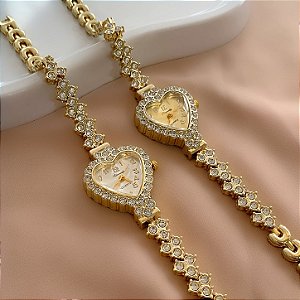 RELÓGIO FEMININO CORAÇÃO COM PEDRAS DOURADO BIJU