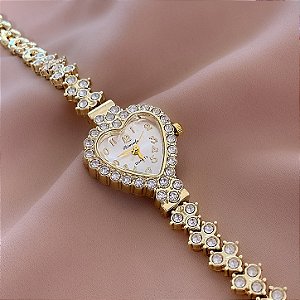 RELÓGIO FEMININO CORAÇÃO COM PEDRAS DOURADO BIJU