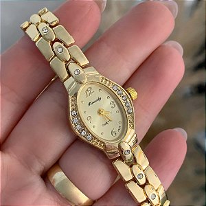 RELÓGIO FEMININO OVAL COM STRASS DOURADO BIJU