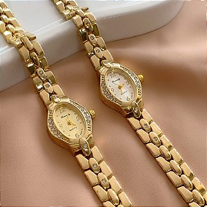 RELÓGIO FEMININO OVAL COM STRASS DOURADO BIJU
