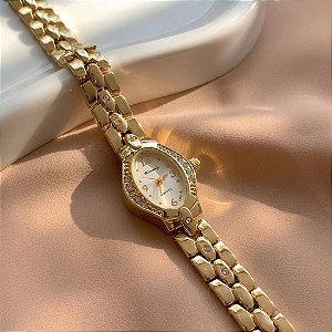 RELÓGIO FEMININO OVAL COM STRASS DOURADO BIJU