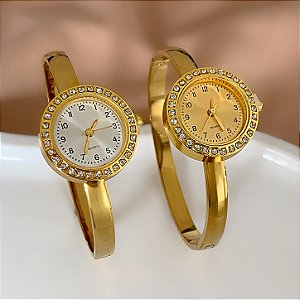 BRACELETE RELÓGIO REDONDO COM BORDA COM STRASS DOURADO AÇO 316L⭐️