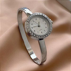 BRACELETE RELÓGIO REDONDO COM BORDA COM STRASS PRATEADO AÇO 316L⭐️