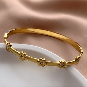 PULSEIRA / BRACELETE FILEIRA FLORZINHAS COM STRASS DOURADO AÇO 316L⭐️