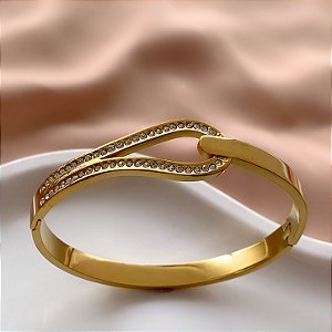 PULSEIRA / BRACELETE ENTRELAÇO COM STRASS DOURADO AÇO 316L⭐️