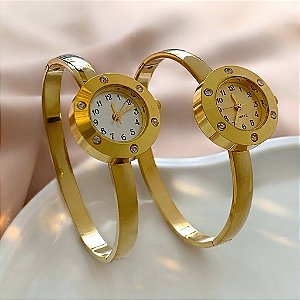 BRACELETE RELÓGIO REDONDO PEQUENO COM STRASS DOURADO AÇO 316L⭐️