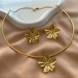 CONJUNTO DE COLAR ARO E BRINCO FLOR DOURADO AÇO 316L⭐️