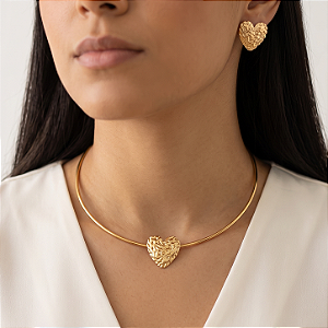 CONJUNTO DE COLAR ARO E BRINCO CORAÇÃO TEXTURIZADA DOURADO AÇO 316L⭐️