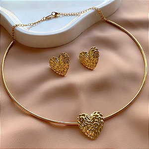 CONJUNTO DE COLAR ARO E BRINCO CORAÇÃO TEXTURIZADA DOURADO AÇO 316L⭐️