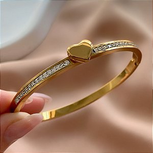 PULSEIRA / BRACELETE CORAÇÃO E RIVIERAS DOURADO AÇO 316L⭐️