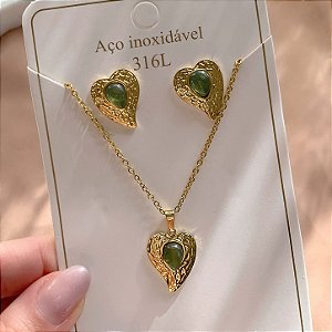 CONJUNTO COLAR E BRINCO CORAÇÃO COM PEDRA PEROLADA DOURADO AÇO 316L⭐️