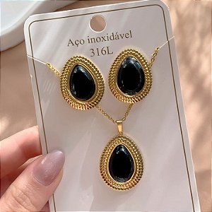 CONJUNTO COLAR E BRINCO GOTA COM PEDRA PEROLADA DOURADO AÇO 316L⭐️