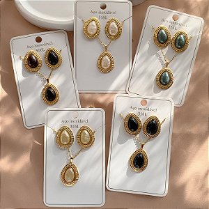 CONJUNTO COLAR E BRINCO GOTA COM PEDRA PEROLADA DOURADO AÇO 316L⭐️