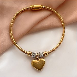 PULSEIRA / BRACELETE ARO PINGENTE CORAÇÃO DOURADO AÇO 316L⭐️