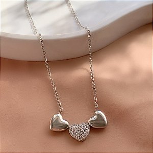 COLAR PINGENTES CORAÇÕES LISOS E CRAVEJADO ZIRCÔNIA AÇO 316L⭐️